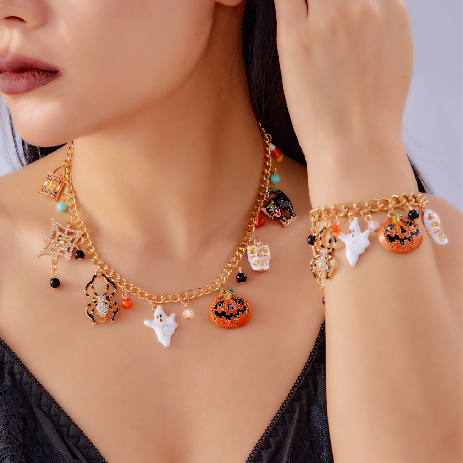 European and American Cross-Border Halloween Series Pumpkin Ghost Spider Stylish Funny Alloy Bracelet Necklace Versatile Gift Set