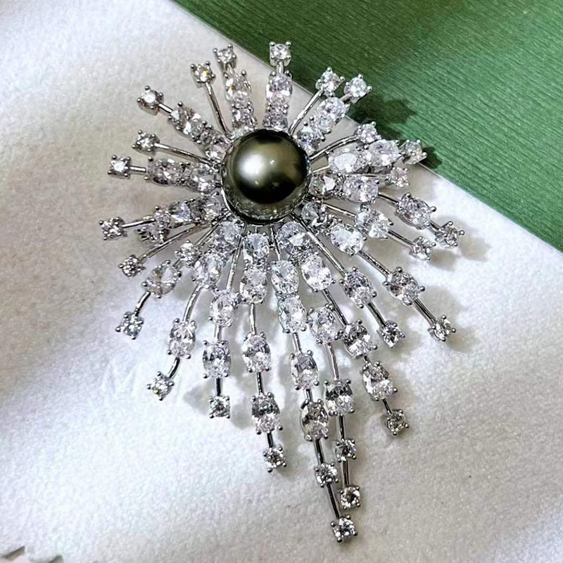 [DIY accessories] romantic fireworks brooch women's thick gold-plated micro-inlaid zircon pin Pearl Jade corsage Holder
