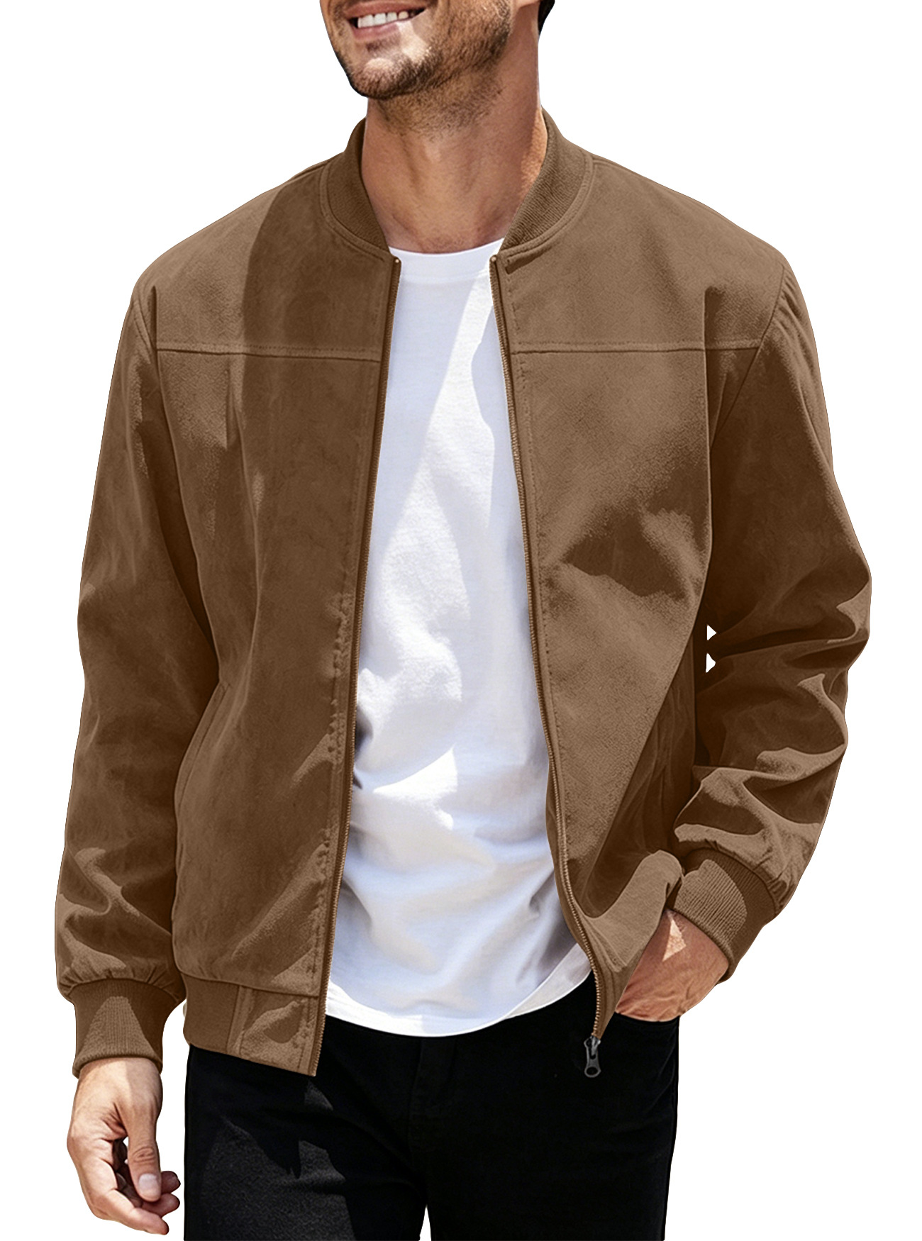 Chaqueta de aviador de gamuza para hombre, estilo europeo y americano, para otoño, color sólido, con cremallera, estilo retro americano, de manga larga.