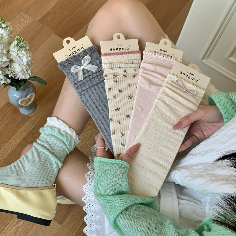 Songmu Lake Light Peach Pink Series "Bowknot Socks Women's Mid-Calf Socks Spring/Summer Thin Seamless Korean Style Stacked Socks
