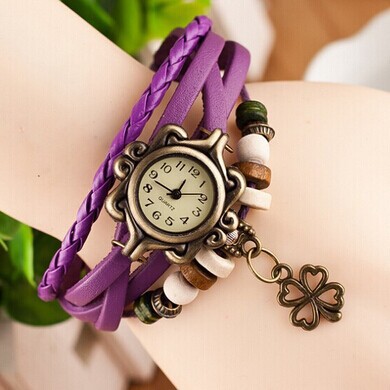 Jewelry Decoration Women's Watch Wholesale Retro Leather Bracelet Bracelet Watch Butterfly Four-leaf Clover Pendant Quartz Watch