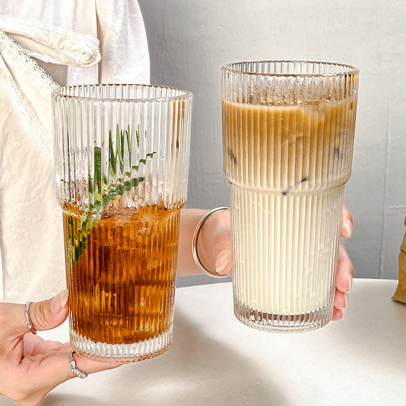 高颜値蓋付きストロー付き縦紋ガラスカップ大容量カップ夏氷コーヒーカップラテ飲料カップ|undefined