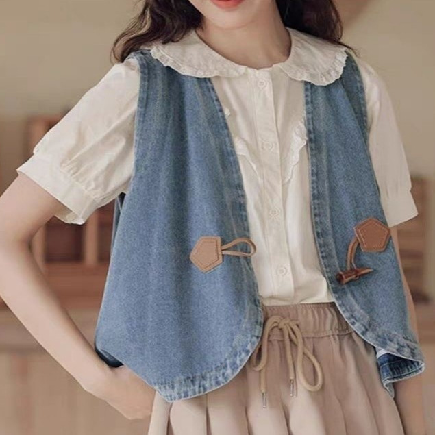 2025 Sweet Vintage Denim Vest Short Jacket Women's Summer New Versatile Casual Layered Top