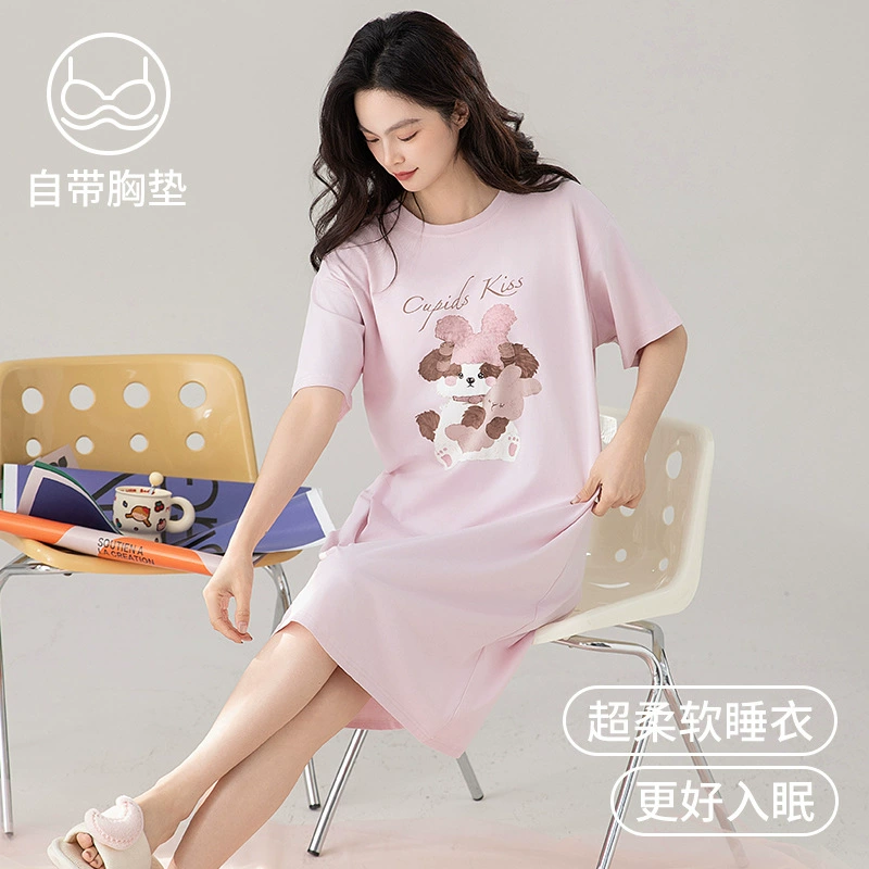 Top with cups, cotton pijama, cartoon cute thin summer short sleeve dress for leisure