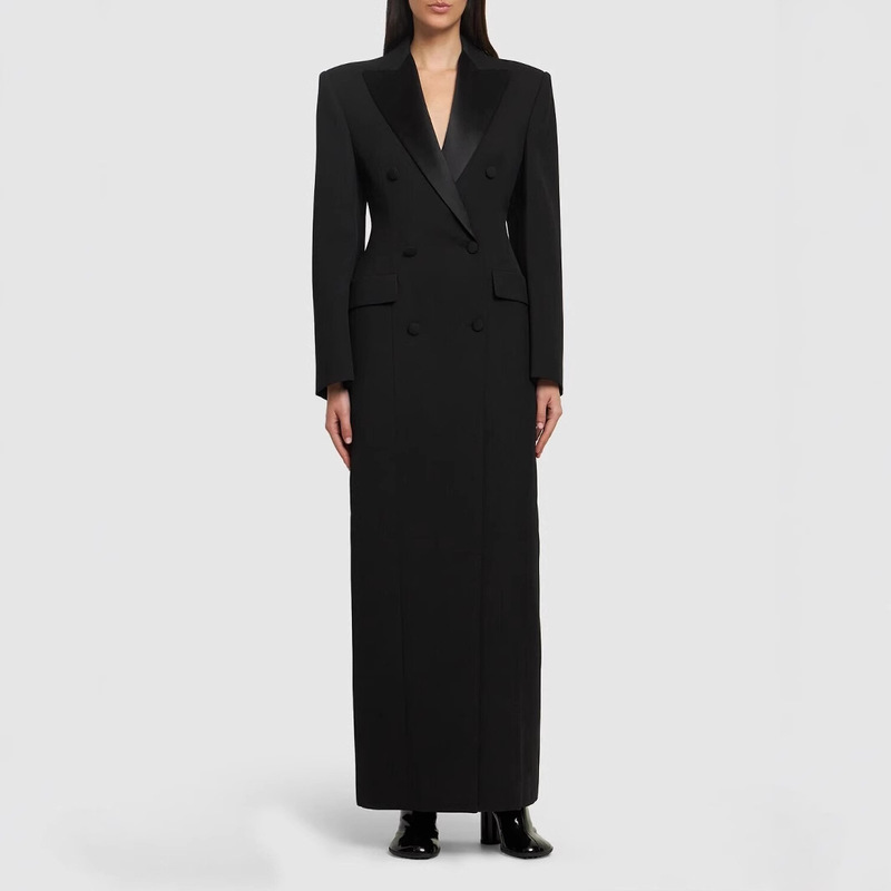 2026 Spring and Autumn New Style Satin Color-Blocked Collar Double-Breasted Black Elegant Long Women's Suit Fashion Trench Coat 2026 Spring and Autumn New Style Satin Color-Blocked Collar Double-Breasted Black Elegant Long Women's Suit Fashion Trench Coat