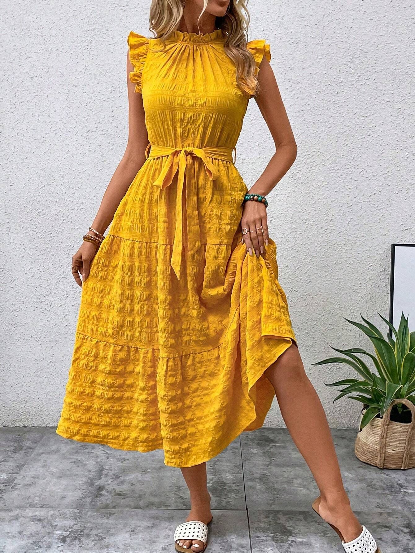 Women's Regular Dress Streetwear Scalloped Neckline Lettuce Trim Sleeveless Solid Color Midi Dress Daily display picture 18