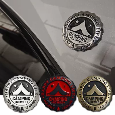 Camping car emblem, personalized creative car decal for outdoor adventures, mountain climbing, travel car body decoration, metal rear car emblem