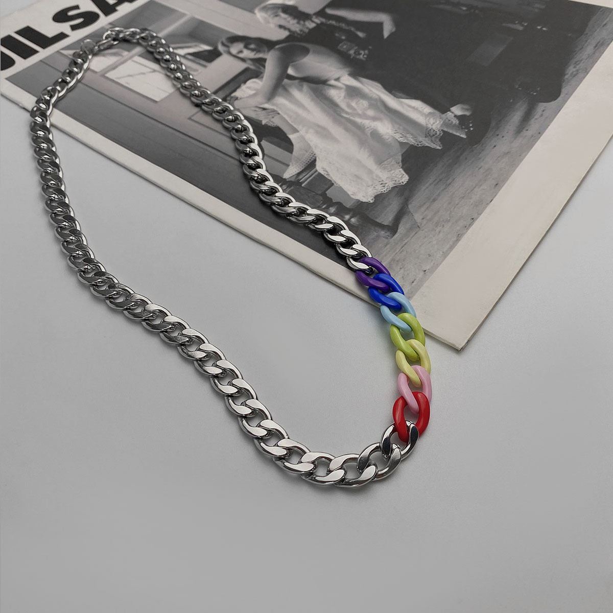 fashion simple geometric hollow chain colorful stitching titanium steel necklace