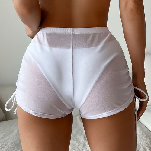 Pure Color Mesh High-Waisted Women's Swim Shorts with Drawstring Bikini Swimwear