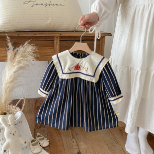 Girls Dress Autumn New Style Retro Kidsren's Elegant Embroidered Stripesd Long-Sleeved Princess Dress Little Girl Dress