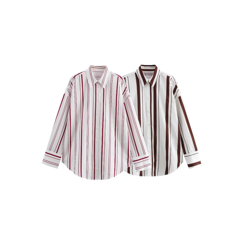 Cross-Border New Product 2025 European and American Style Women's Clothing Export Wholesale Zr Spot Stripesd Poplin Long-Sleeved Lapel Shirt