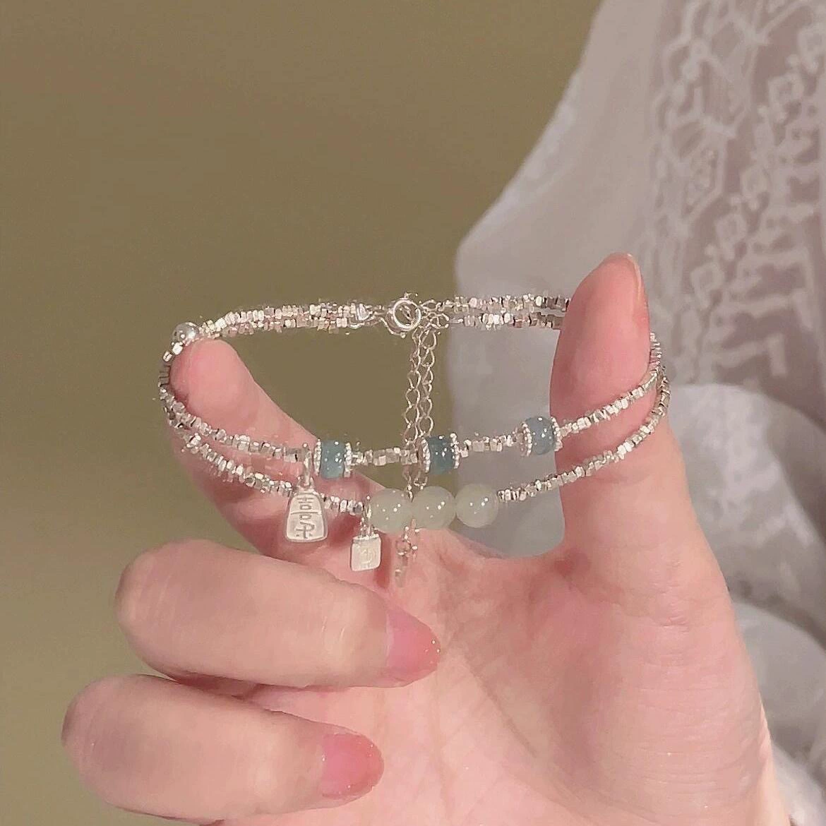 S925 серебряный браслет с халцедоном для женщин ins2025 новый доступный роскошный нишевый ретро браслет с бусинами подарок
