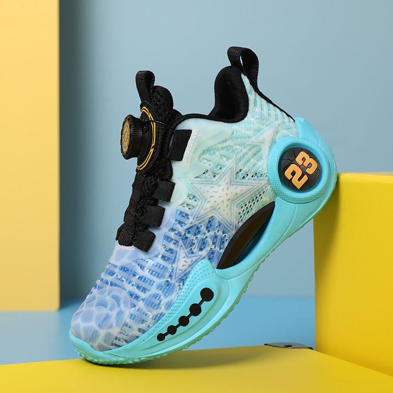 Single Mesh Basketball Shoes 2024 Summer Luminous Rotating Button Boys' Shoes Sports Running Shoes for Big Children and Girls Trendy
