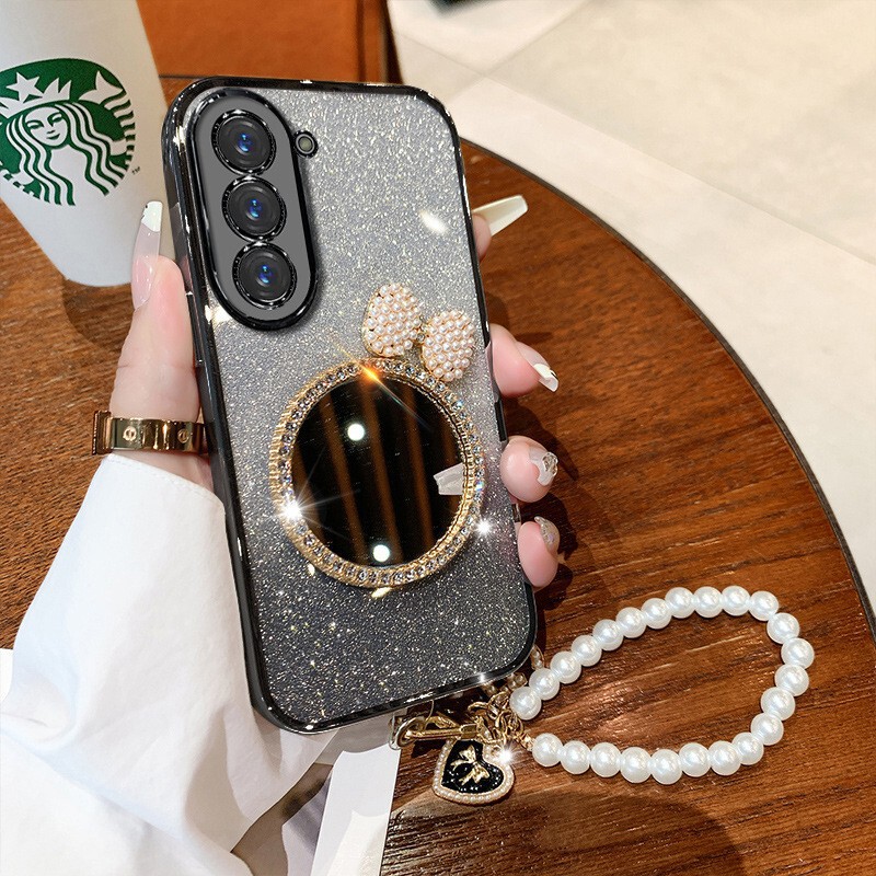 Suitable for Samsung S26Ultra Pearl Bracelet Mobile Phone Case S25 Makeup Mirror S24 Bow New S22Ultra