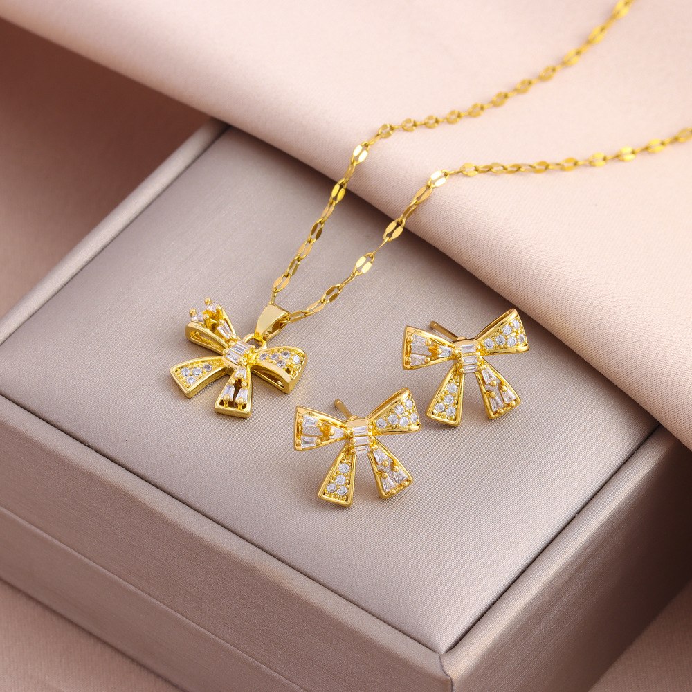 Collana con fiocco, orecchini da donna, leggeri, di lusso, in acciaio al titanio di alta qualità, con clavicola, orecchini a bottone, set di gioielli_voghion.com