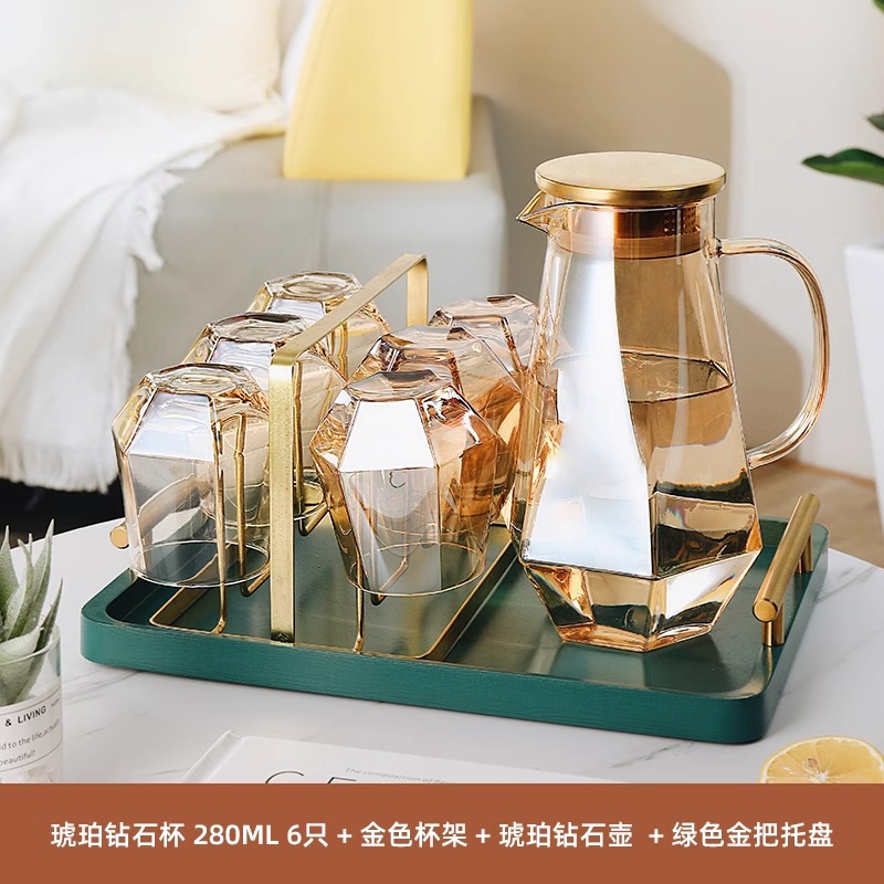 Vaso de cristal de diamante de lujo ligero ámbar, taza de agua para el hogar con asa, taza de té resistente al calor para la sala de estar, juego de taza de agua potable