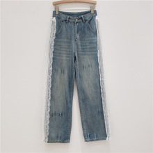 欧洲站2023秋季新款蕾丝磨破薄款直筒裤长裤女复古高腰阔腿牛仔裤