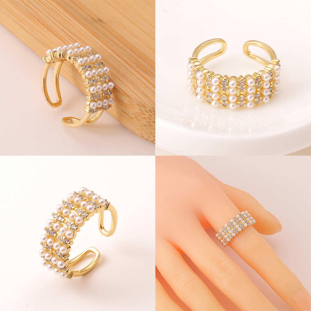 Bohemian copper micro-encrusted zircon creative pearl geometric ring