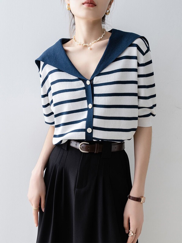 Blue Striped Ice Silk Knit Cardigan for Women, New Summer Style, Navy Collar, Color-Blocking, Thin and Unique Short-Sleeve Top Blue Striped Ice Silk Knit Cardigan for Women, New Summer Style, Navy Collar, Color-Blocking, Thin and Unique Short-Sleeve Top