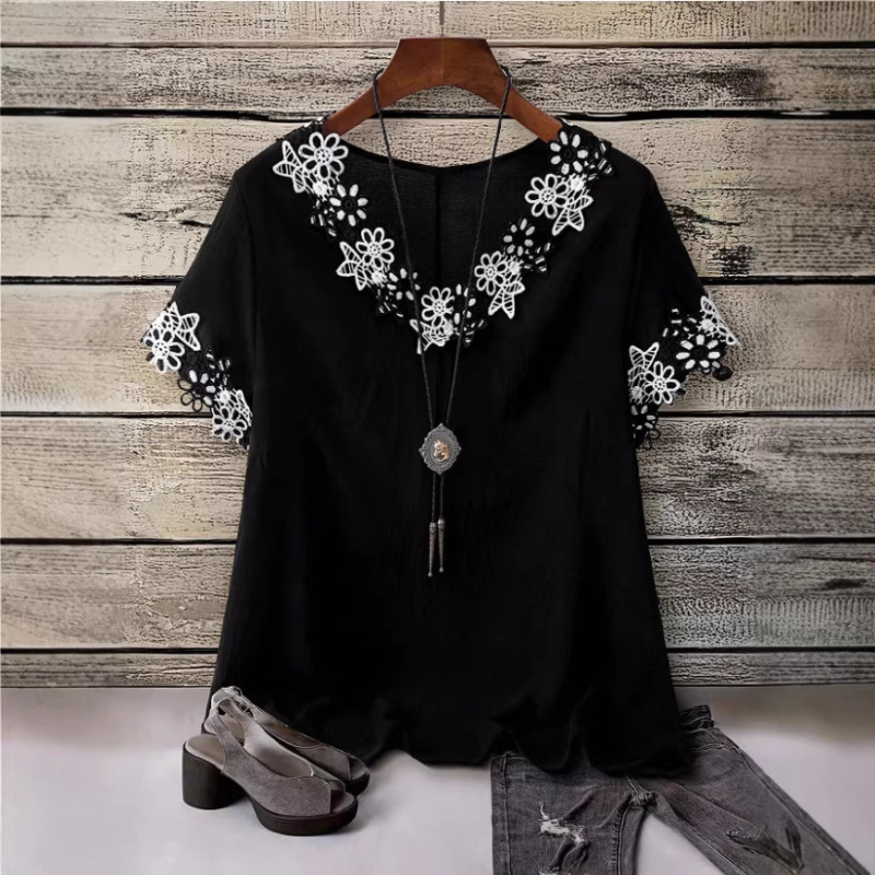2026 European and American Plus-Size Women's Clothing Temu Cross-Border Summer Short-Sleeve Oversized Thin Women's Lace Patchwork Shirt