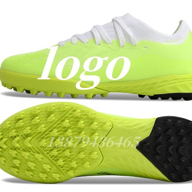 Los fabricantes de Putian venden al por mayor zapatos de fútbol de la serie X de entrenamiento verde de uñas rotas para niños y niñas de interior transfronterizos