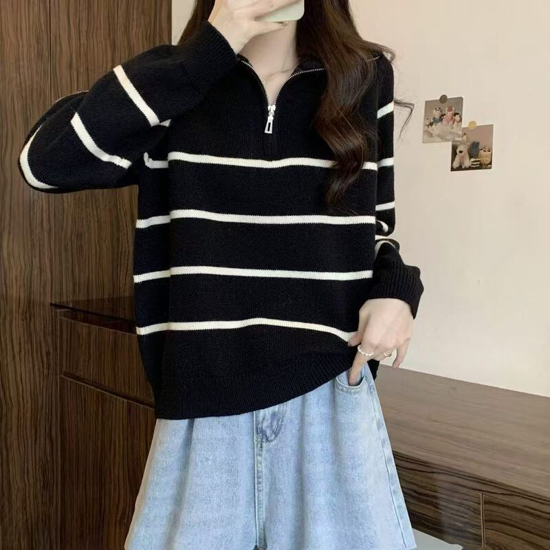 Autumn and winter half-zip high-neck striped knit sweater for women, Korean style, casual and relaxed fit, color-block design, loose-fitting, long-sleeved pullover