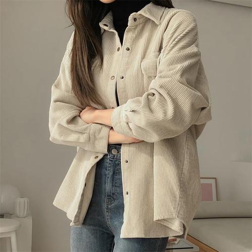 Women's Z-Linen Corduroy Shirt for Outerwear, Spring and Autumn New Retro Hong Kong Style Medium-Length Collar Shirt, Versatile Loose Striped Corduroy Jacket