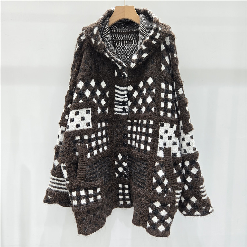 Productos europeos 2025, otoño y invierno, nuevo estilo de alta calidad, jersey jacquard de punto, suéter con capuz suelto y delgado.