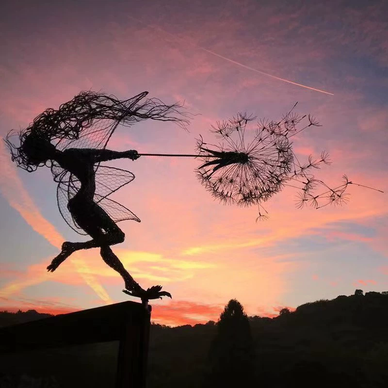 Amazon Cross-border Flower Fairy Elf and Dandelion Dance Robin White Elves Sculpture Metal Crafts