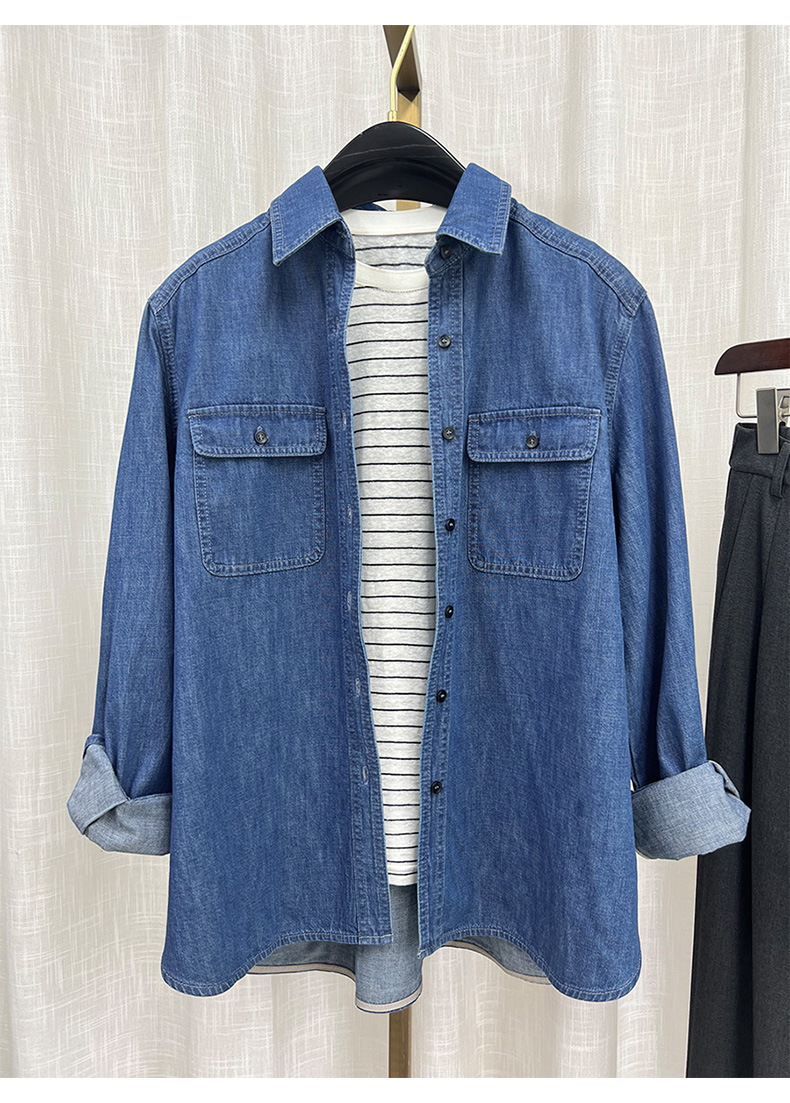 Áo sơ mi denim phong cách Hồng Kông cổ điển dáng rộng, mặc nhiều lớp — màu xanh chi tiết 2