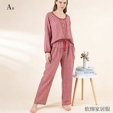 春秋100%纯棉睡衣女红格子韩版宽松家居服长袖长裤休闲可外穿套装