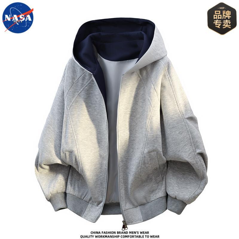 Nasa Co-Branded High-Quality American-Style Heavyweight Double-Zip Cardigan Sweatshirt for Men, Spring and Autumn Trendy Brand Hooded Jacket