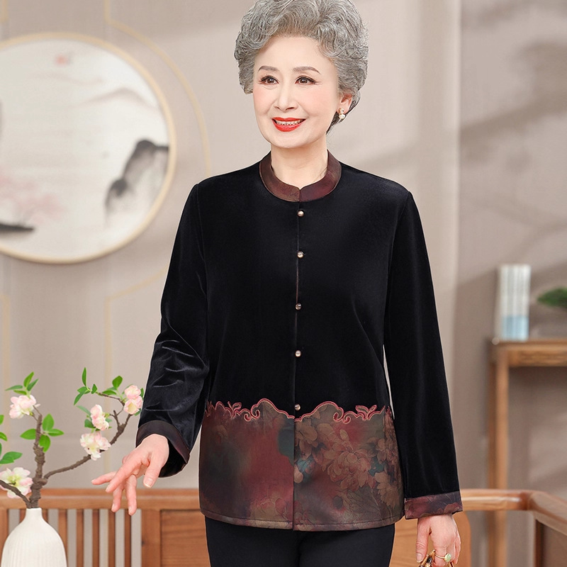 奶奶金丝绒衬衫女中老年人秋装老年妈妈长袖衬衣老人气质上衣秋|undefined