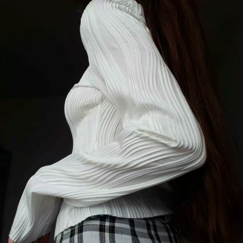 Simple and stylish solid color mesh-patterned long-sleeve T-shirt, 2026 spring new versatile round-neck slim-fit pullover top
