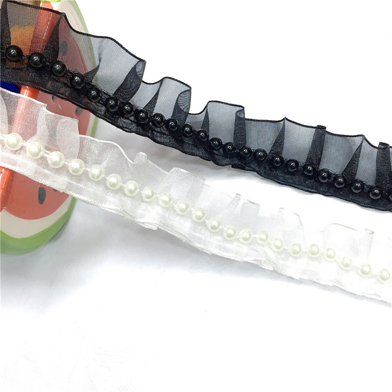 手工雪纺纱压折珍珠花边 双层打皱 鞋帽装饰 舞台装服装辅料