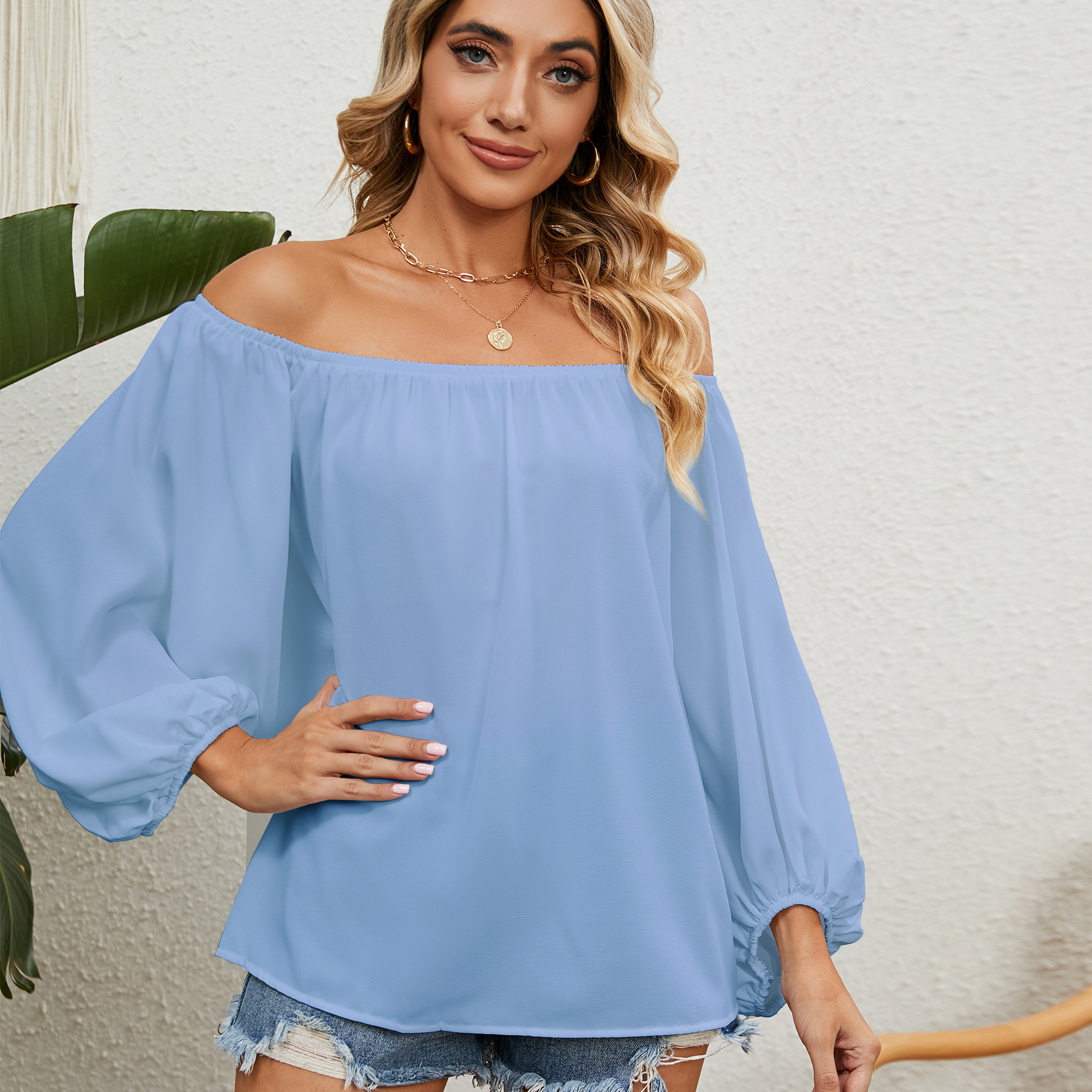 Women's T-shirt Solid Colour Chiffon Top With Line Collar_voghion.com