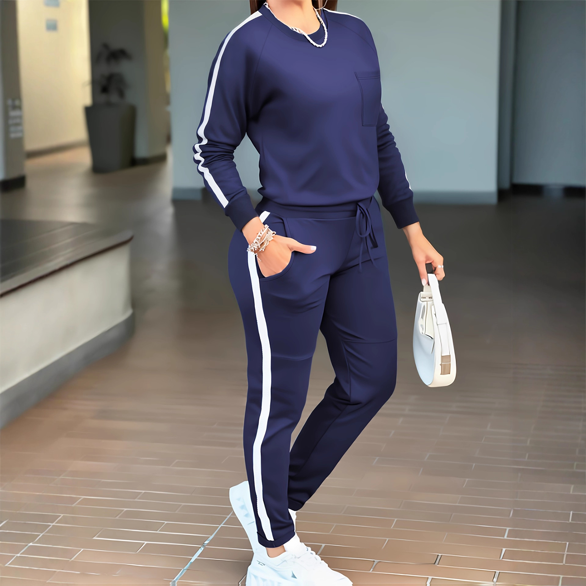 Women's Autumn Winter 2 Piece Set round Neck Long Sleeve T-Shirt High-Waisted Tapered Pants European American Style Casual Outfit_ecoleips.com