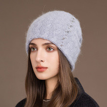 欧美秋冬复古镶钻毛线帽网红护耳兔毛包头帽女百搭保暖针织帽暖帽
