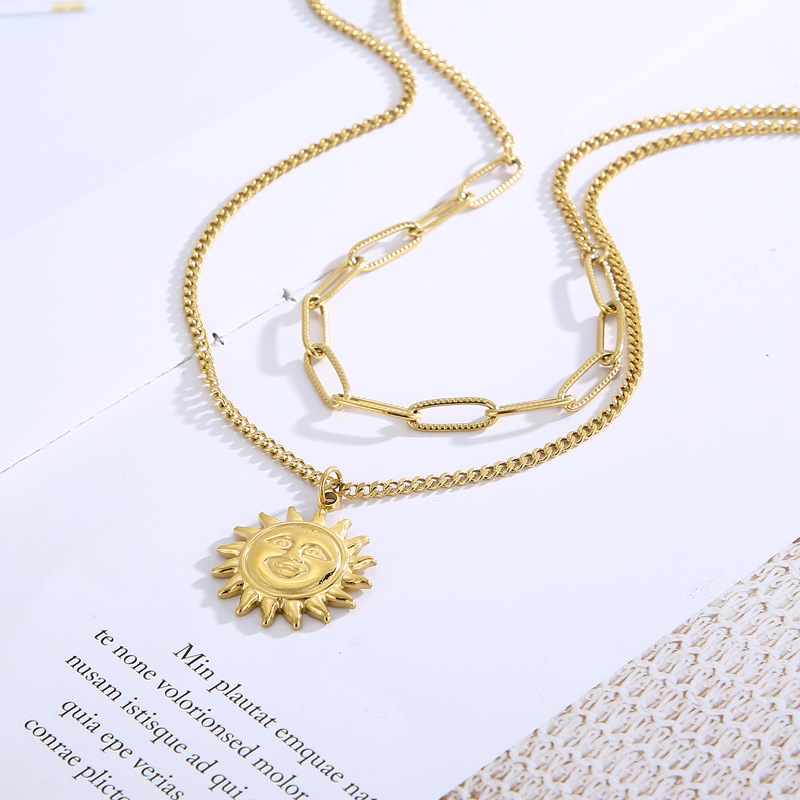 18K Real Gold Plated Plating Material 304 Stainless Steel Pendant Material PVD Coated 18K Gold Plated Sun Titanium Steel Fashion Waterproof Non Tarnish 304 Stainless Steel Necklace