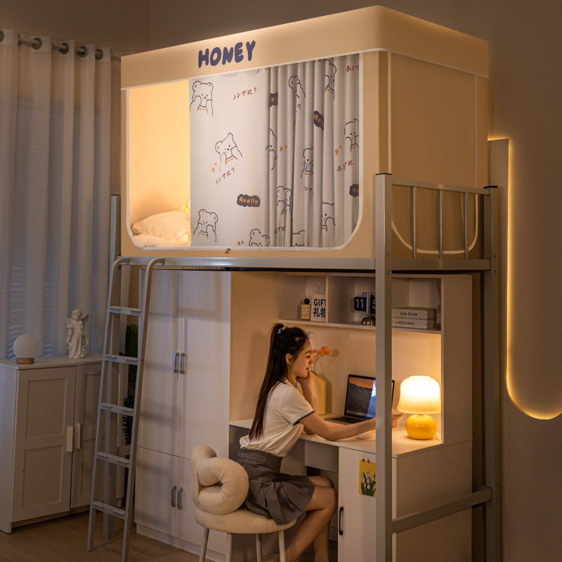 Cortina de cama gruesa de protección de luz fuerte para dormitorio de estudiantes con mosquiteros superiores e inferiores