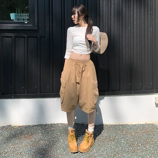 美式卡其色工装五分裤女2025年夏季新款直筒宽松高腰显瘦阔腿中裤