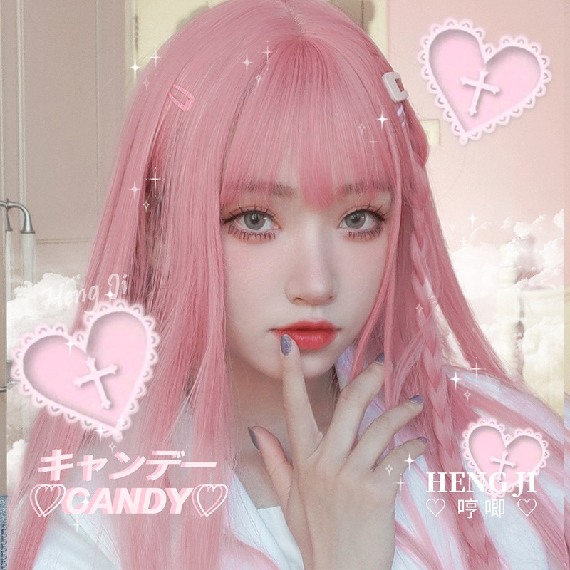 Cross-border wholesale pink wig female long straight hair online popular daily jk girl realistic color round face lo fake hair set Cross-border wholesale pink wig female long straight hair online popular daily jk girl realistic color round face lo fake hair set