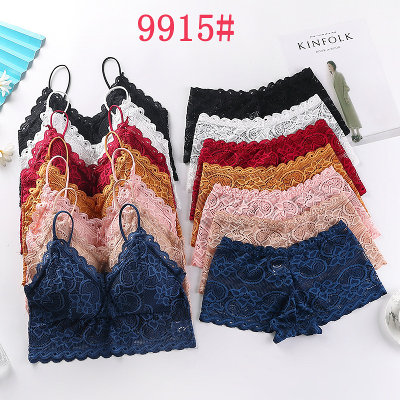 Lace Bra Set Women Summer Deep V Sexy Gathering Beauty Back Removable Chest Pad Underwear Hollow Out Panties Set