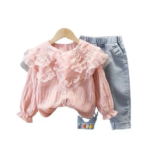Spring suit  new fashionable children's and baby girl fashionable children's Internet celebrity denim spring two-piece set