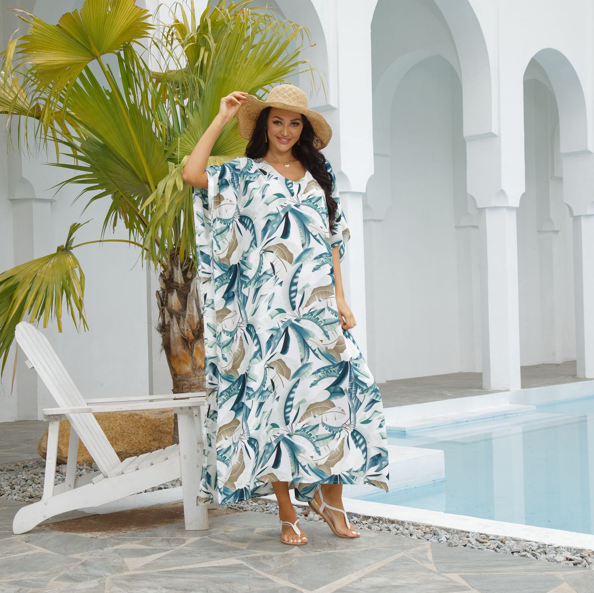 Europa y América de secado rápido blanco Fondo hojas impreso playa vestido vacaciones mono vestido largo playa Playa Sol protección camisa blusa 1D35