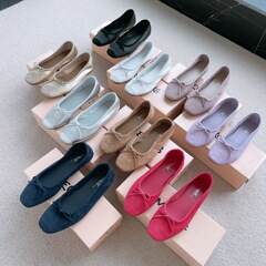 reqins ニッチバレエシューズフレンチレトロソフトシープスキンダンスシューズフラットボウスリッポンシューズ女性用