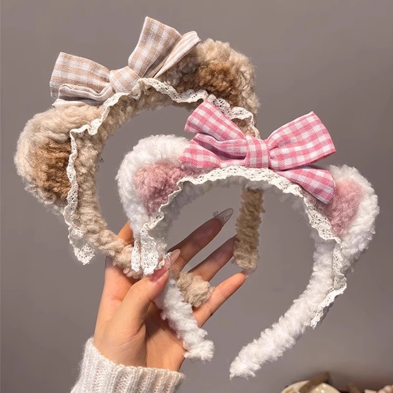 秋と冬のかわいいリボンクマ耳ヘアバンド女の子多用途ぬいぐるみヘアピン滑り止めヘアバンドヘッドバンド|undefined