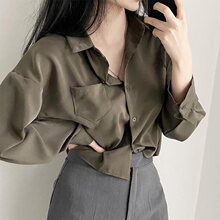 简约气质百搭polo领单排扣宽松休闲纯色长袖短款衬衫上衣女港味秋