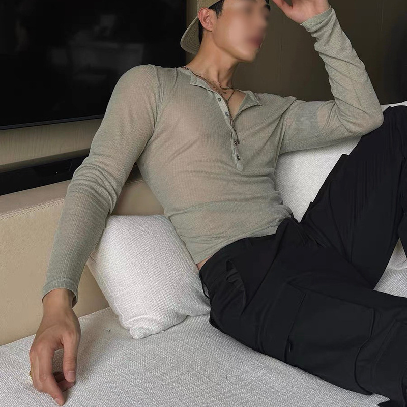 Emerald Green Deep V-Neck See-Through Long-Sleeved T-Shirt for Men, Ascetic Slim-Fitting Gauze Blouse, Lazy Inner Henry Collar Top