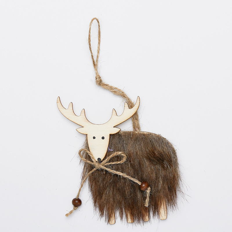 Madera de lana de madera de alce colgante de árbol de Navidad decoración de Navidad colgante de peluche marrón blanco de Navidad